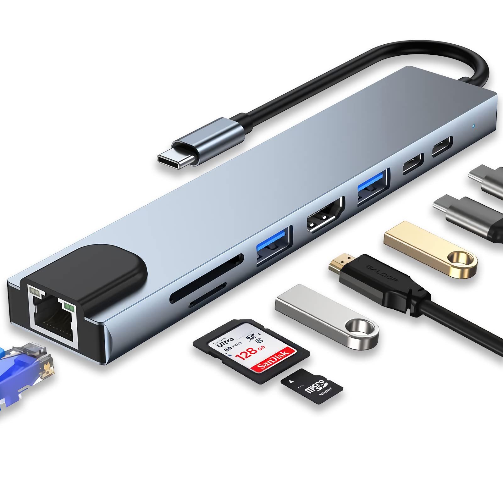HUB USB-C 8 EM 1 (USB-C / HDMI / USB 3.0 / RJ45 / CARTÃO SD /MICRO SD)