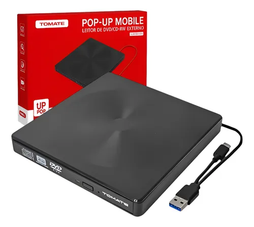 DRIVE GRAVADOR LEITOR CD/DVD EXTERNO USB 3.0 TOMATE SLIM PORTÁTIL PRETO 127/220V