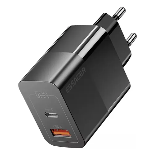 FONTE CARREGADOR USB-A + USB-C ESSAGER 20W - PRETO