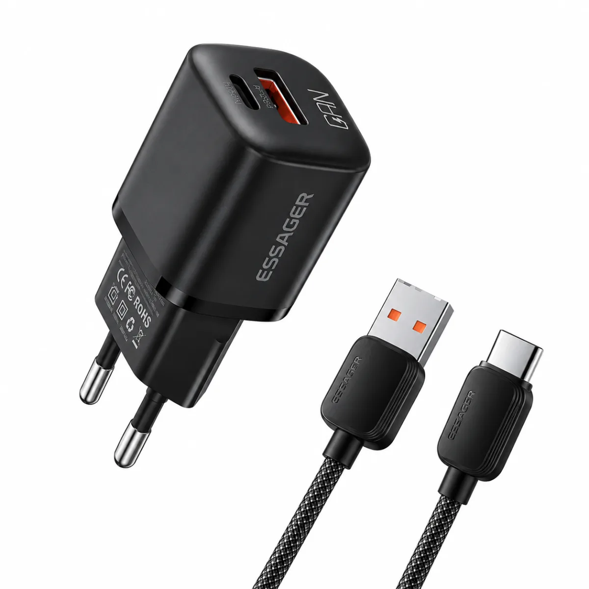 CABO CARREGADOR COM FONTE USB A P/ USB C ESSAGER 20W 1M - PRETO
