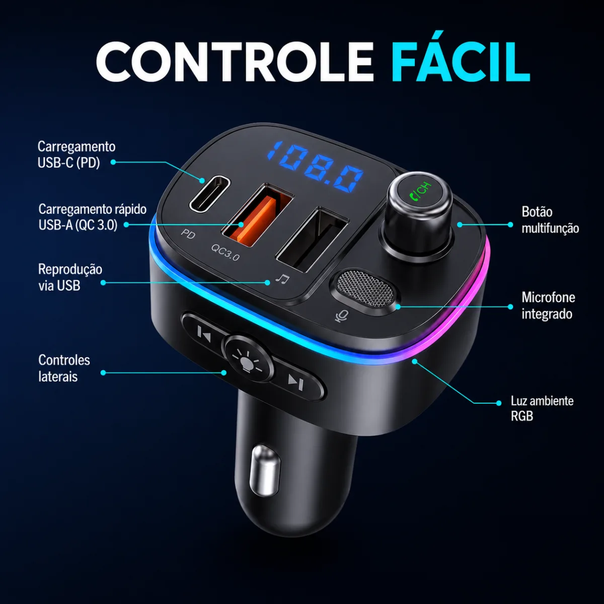 BLUETOOTH CARRO FM PLAYER C8 QC3.0 PD 20W