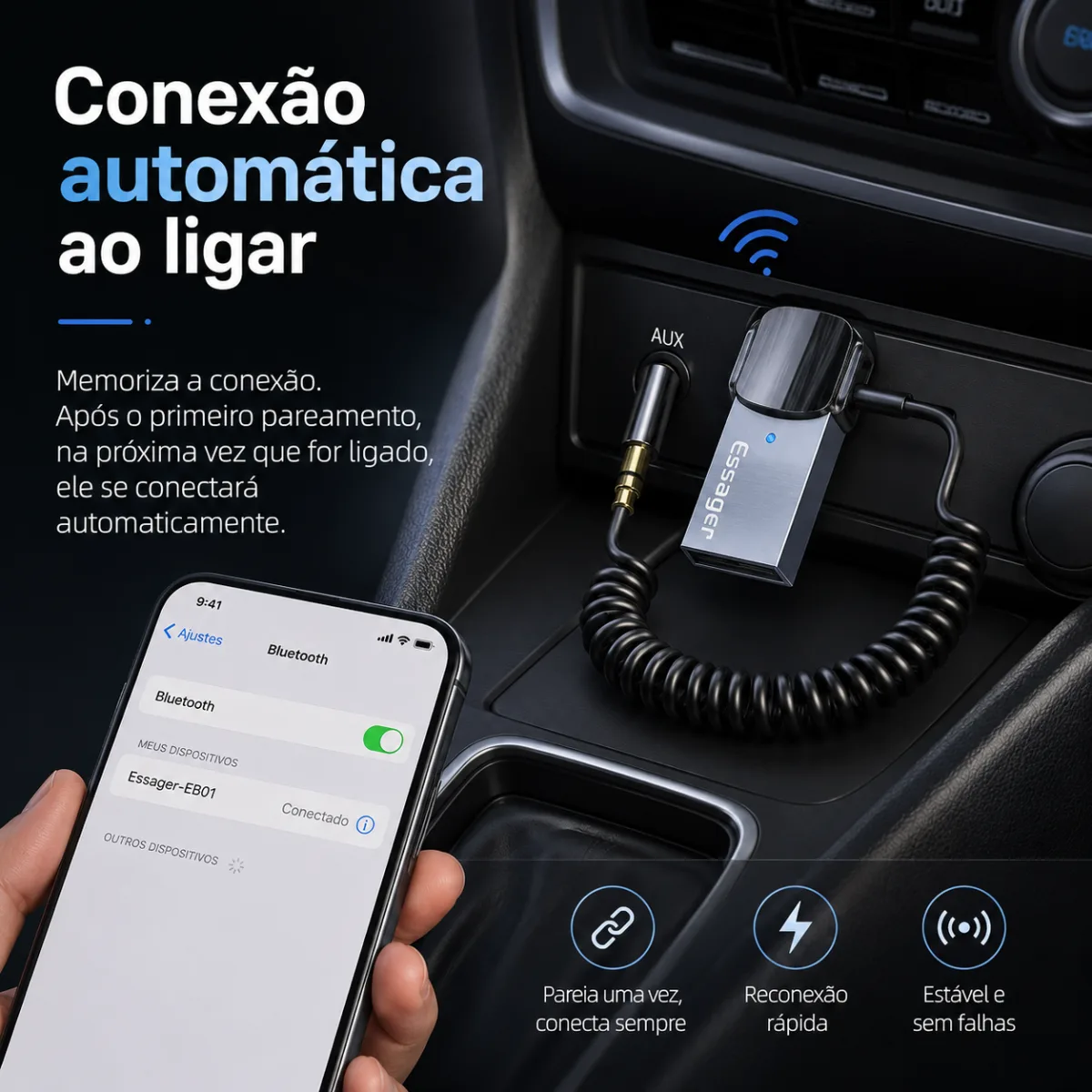 ADAPTADOR BLUETOOTH 5.0 PARA CARRO USB/P2 ESSAGER