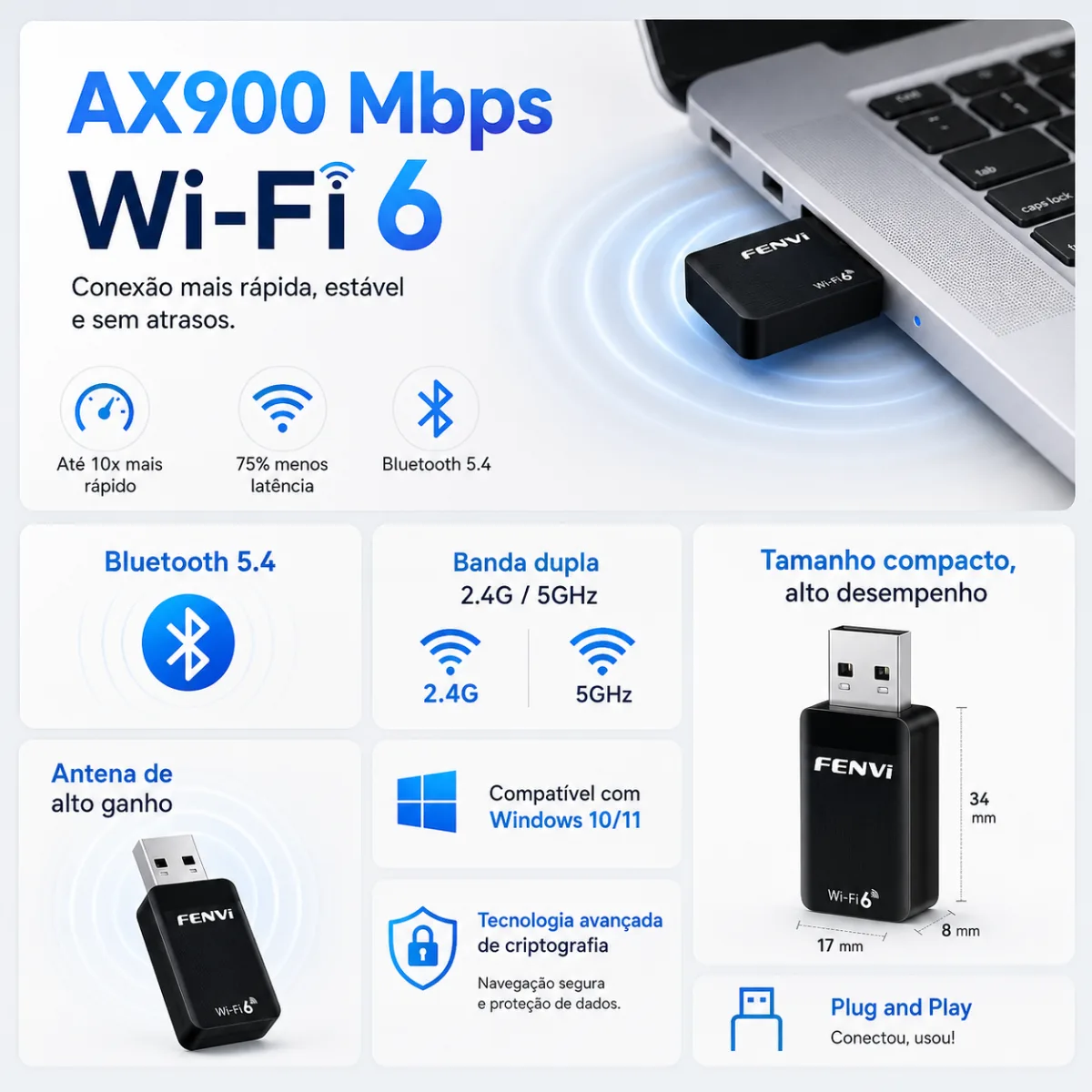 ADAPTADOR WIFI 6 AX900 DUAL BAND 2.4/5.0 GHZ BT 5.4 FENVI